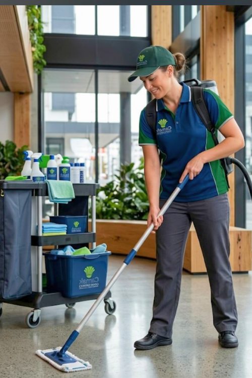 Staff member of CAMAK Services Limited cleaning a modern office floor with professional cleaning equipment.